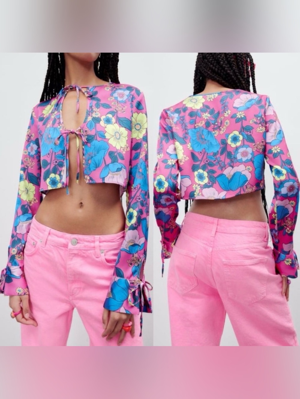 NWT ZARA Floral Pink Open Front Tie Crop Top - Small